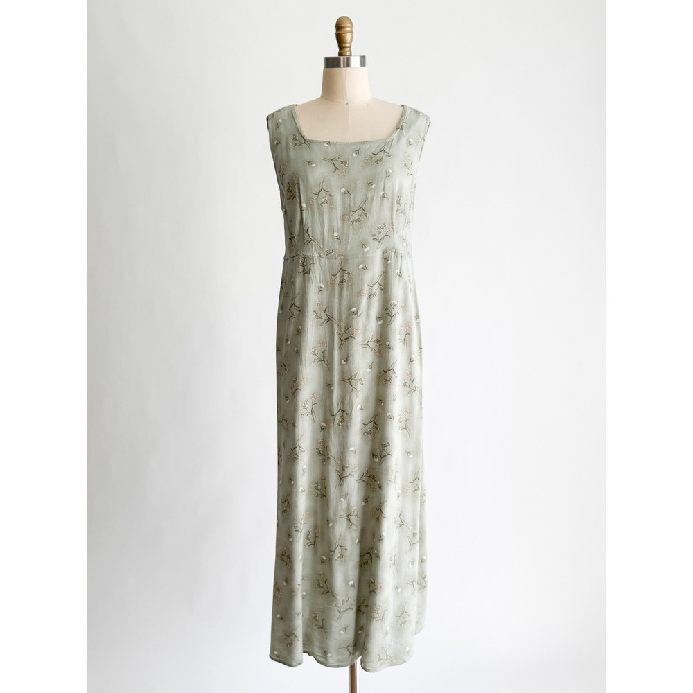 Halmode Plus Maxi Dress Vintage 90s Floral Cottagecore L Sage Green Rayon Tie